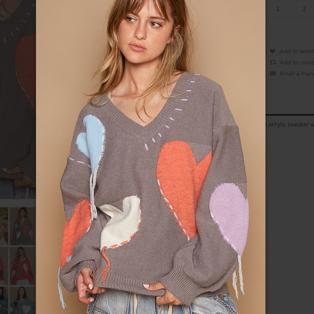 POL top Taupe V-Neck Sweater with Orange, Cream, and Light Blue Hearts POL NEW - Picture 7 of 9